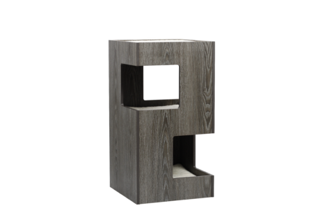 Two playful tabby cats explore the Lulu's World Cubox M6 Double, a two-story cat condo featuring separate plush cubbyholes, sisal scratching posts, and dangling toys. The modern design complements any home decor.